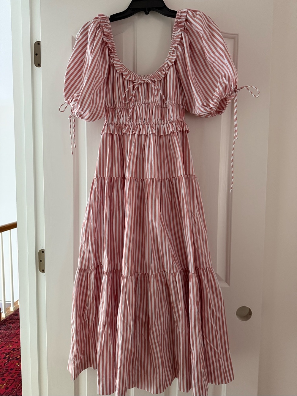 En Saison Pink and White Stripe Puff-Sleeve Tiered Midi Dress - see description
